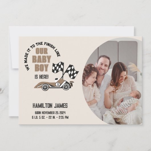 レースカー男の赤ちゃん誕生 案内状 (正面)