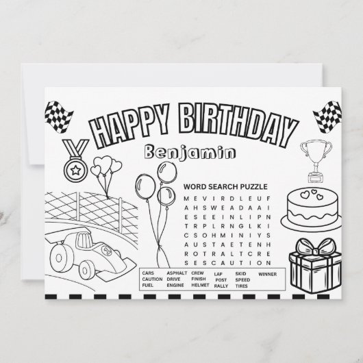 レースカー着色ページレースカー誕生日活動 招待状 (正面)