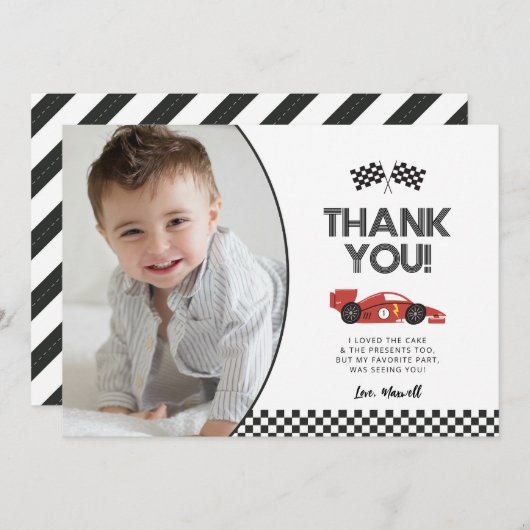 レースカー誕生日サンキューカード(写真あり) サンキューカード (正面/裏面)