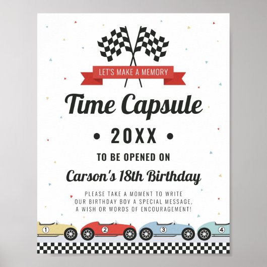 レースカー誕生日タイムカプセル標識 ポスター (正面)