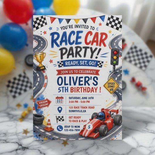 レースカー誕生日パーソナライズレーシングカーパーティー 招待状