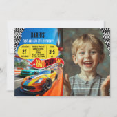 レースカー誕生日パーティフォトデザイン 招待状 (正面)