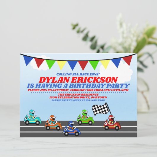レースカー誕生日パーティーへの招待 招待状 (スタンド正面)