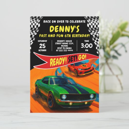 レースカー誕生日パーティーデザイン 招待状 (スタンド正面)