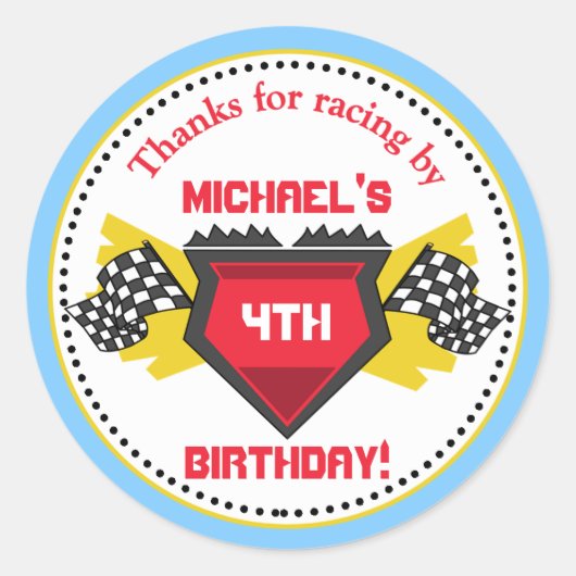 レースカー誕生日パーティー好意ステッカー ラウンドシール (正面)