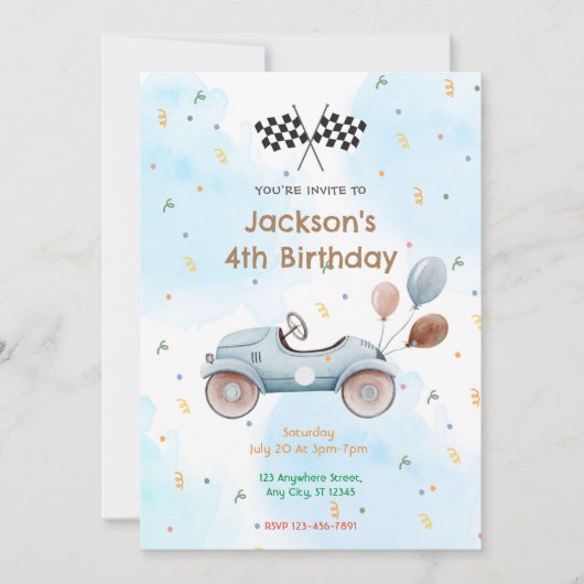 レースカー誕生日パーティー 招待状 (正面)