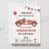 レースカー誕生日レッドレーシングトラック誕生日パーティー 招待状 (正面)