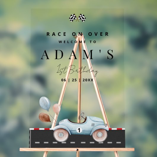 レースカー誕生日招待状、ファーストワン誕生日 アクリルサイン (ニュートラル)