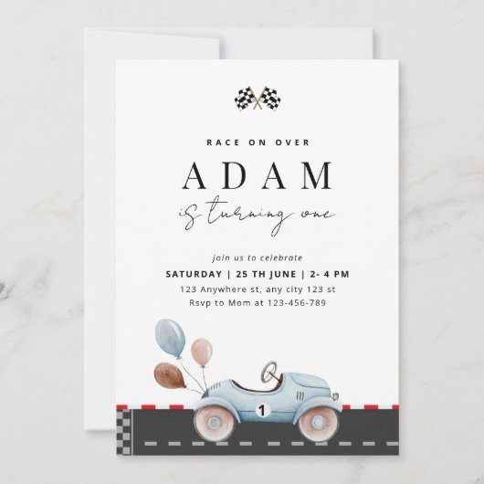 レースカー誕生日招待状、ファーストワン誕生日 招待状 (正面)