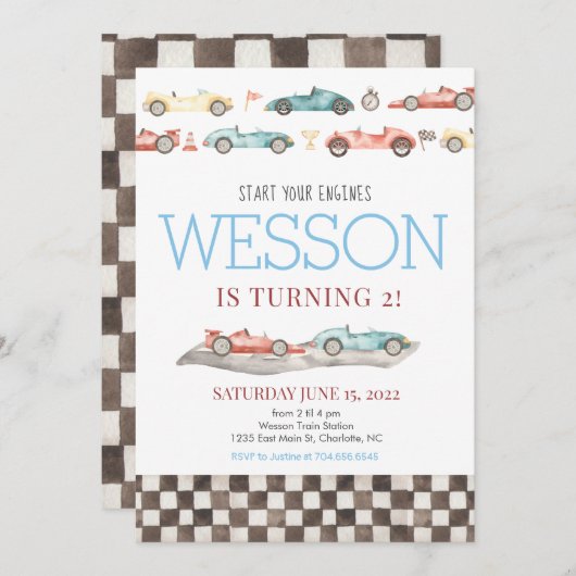 レースカー誕生日招待状 招待状 (正面/裏面)
