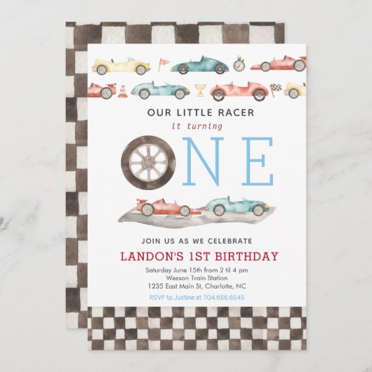 レースカー誕生日招待状 招待状 (正面/裏面)