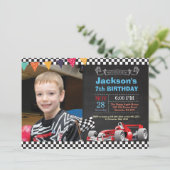 レースカー誕生日招待状。男の子の誕生日パーティー 招待状 (スタンド正面)