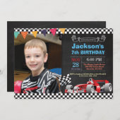 レースカー誕生日招待状。男の子の誕生日パーティー 招待状 (正面/裏面)