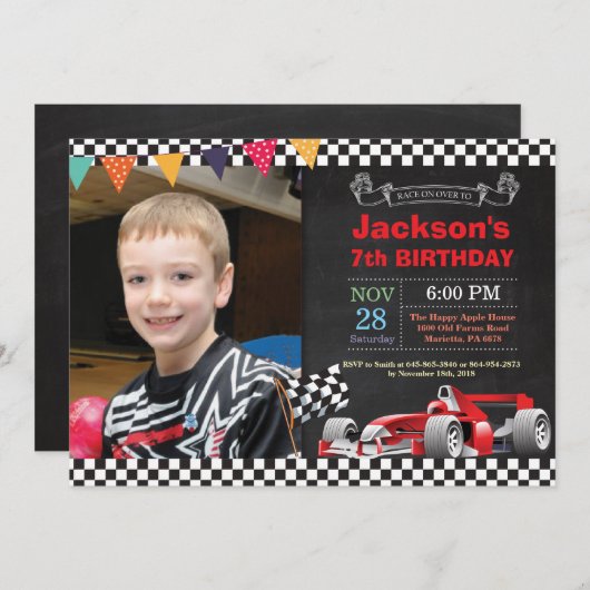 レースカー誕生日招待状。男の子の誕生日パーティー 招待状 (正面/裏面)