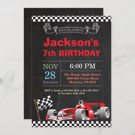 レースカー誕生日招待状。男の子の誕生日パーティー 招待状 (正面/裏面)