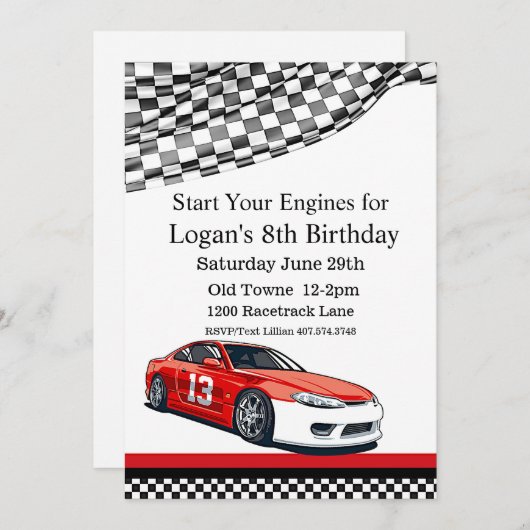 レースカー誕生日第8誕生日招待状 招待状 (正面/裏面)