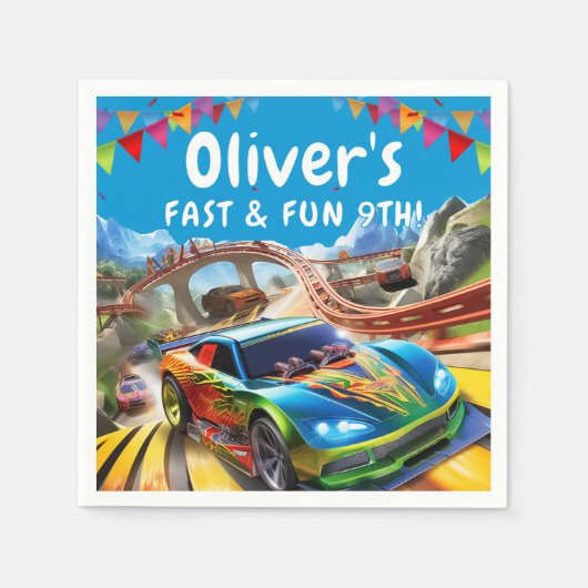 レースカー誕生日 スタンダードカクテルナプキン (正面)