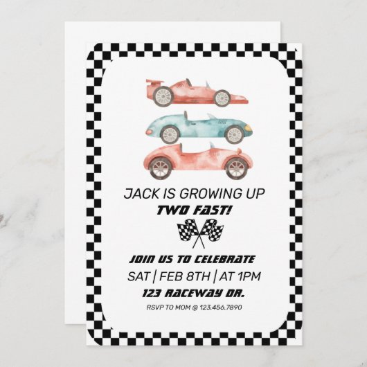 レースカー誕生日、2台の高速ビンテージカー 招待状 (正面/裏面)