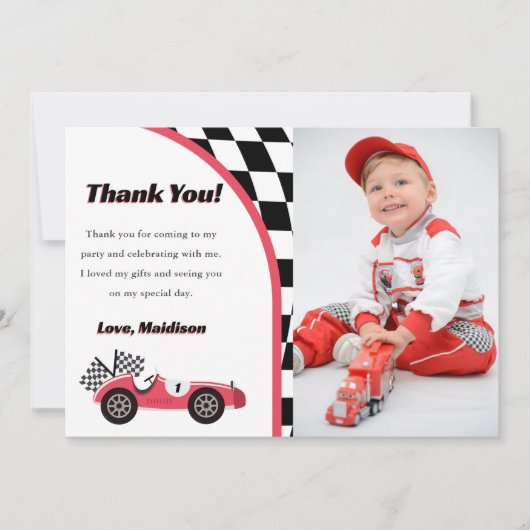 レースカー赤い誕生日パーティフォトサンキューカード 招待状 (正面)