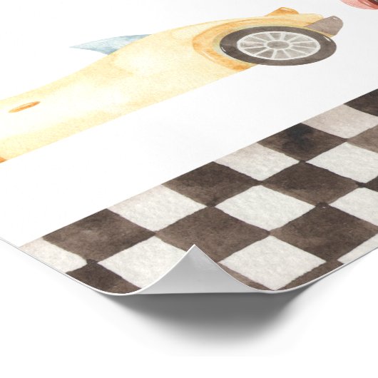 レースカー赤ちゃんシャワーまたは誕生日ウェルカムサイン ポスター (角)