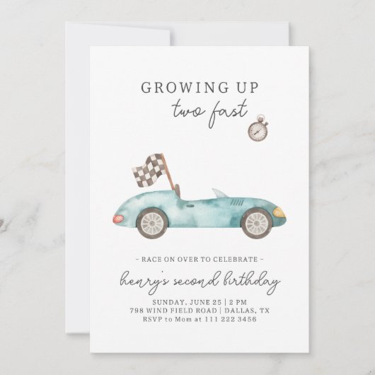 レースカー2速2番目の誕生日招待状 招待状 (正面)