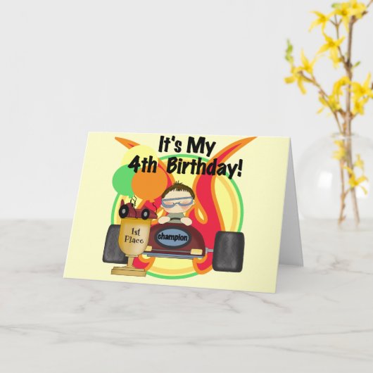 レースカー4歳の誕生日Tシャツと贈り物 カード (黄色い花)