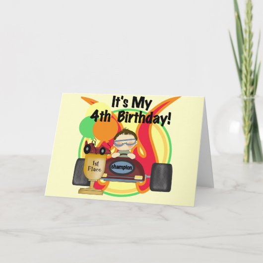 レースカー4歳の誕生日Tシャツと贈り物 カード (正面)