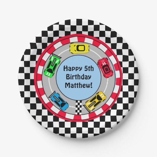 レースカー&トラックをテーマにした少年の誕生日パーティー ペーパープレート (正面)