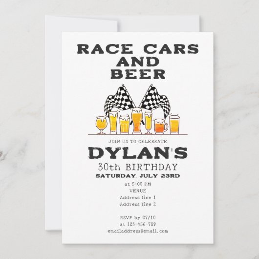 レースカー&ビールフラッグ市松模様にレーシー誕生日 招待状 (正面)