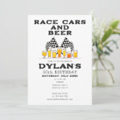レースカー&ビールフラッグ市松模様にレーシー誕生日 招待状 (スタンド正面)