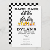 レースカー&ビールフラッグ市松模様にレーシー誕生日 招待状 (正面/裏面)