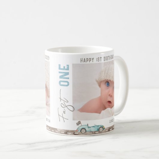 レースカー"高速ワン"誕生日ギフトマグ コーヒーマグカップ (正面右)