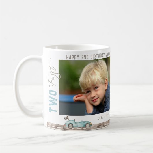 レースカー"TWO Fast"誕生日ギフトマグ コーヒーマグカップ (左)