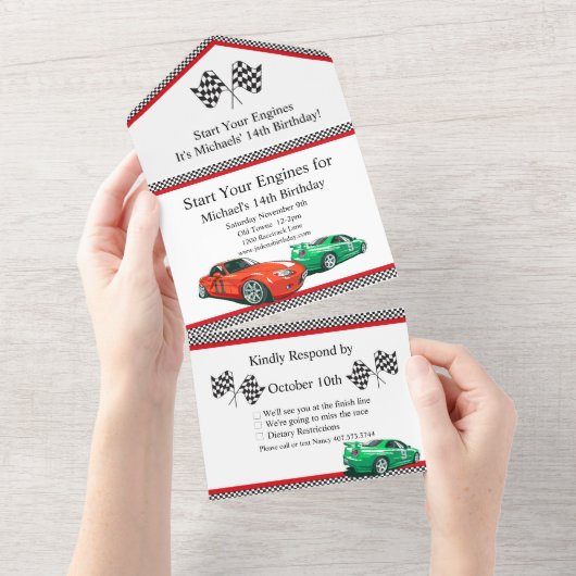 レースカーAny Age誕生日 オールインワン招待状 (貼ってはがせる)