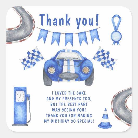 レースカーFirst Birthday Party Thank you スクエアシール (正面)