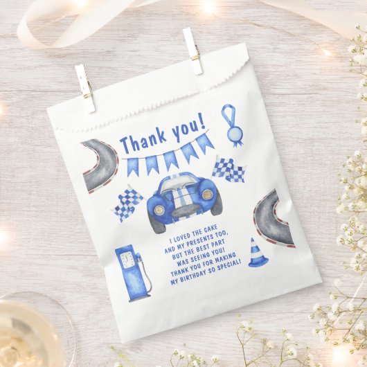 レースカーFirst Birthday Party Thank you フェイバーバッグ (クリップ留めされた状態)