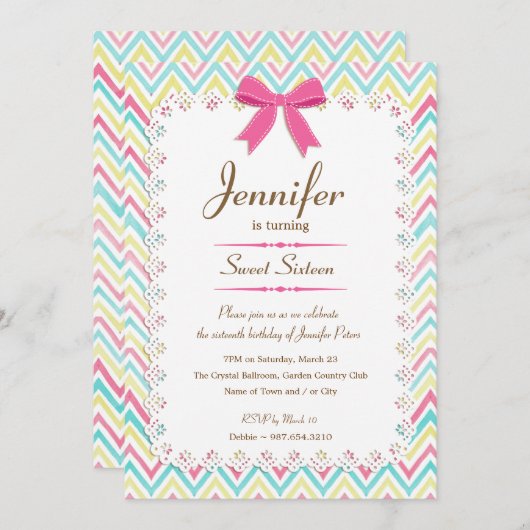 レースガーリーウォーターカラーシェブロンピンクボウスウィート16 招待状 (正面/裏面)