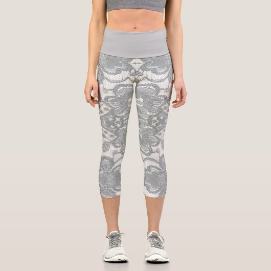レースガーリーパターン白とグレーのフィットネス カプリレギンス (正面)