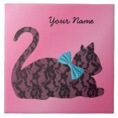 レースキャットティール（緑がかった色）バウ付き – ピンクパーソナライズされた色 タイル (正面)