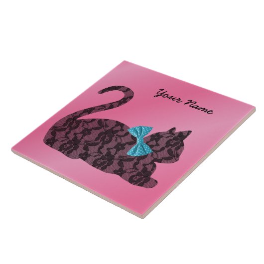 レースキャットティール（緑がかった色）バウ付き – ピンクパーソナライズされた色 タイル (側面)