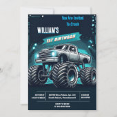 レースクイッズボーイカークールズモンスタートラック1歳の誕生日 招待状 (正面)