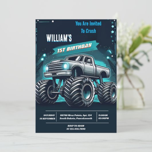 レースクイッズボーイカークールズモンスタートラック1歳の誕生日 招待状 (スタンド正面)