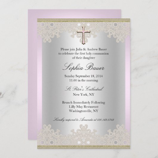 レースクロスかわいらしバプテスマ/《キリスト教》洗礼式や命名式招待状 招待状 (正面/裏面)