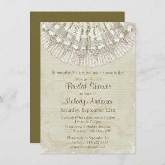 レースクロチェットドイリーヴィンテージアイボリーブライダルシャワー 招待状 (正面/裏面)