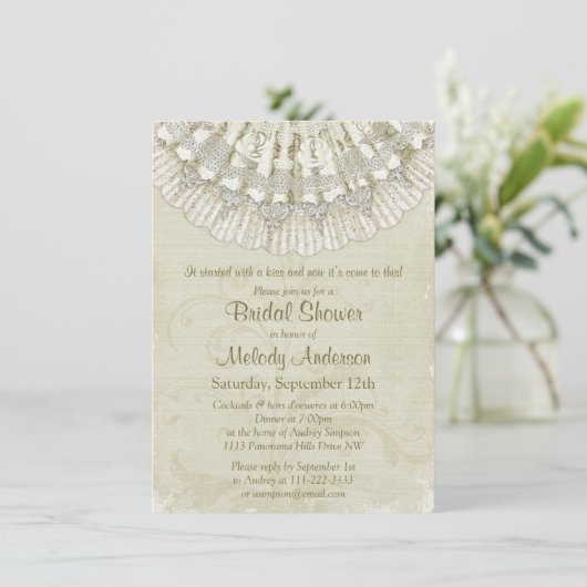 レースクロチェットドイリーヴィンテージアイボリーブライダルシャワー 招待状 (スタンド正面)