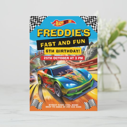 レースクールカー誕生日パーティー 招待状 (スタンド正面)