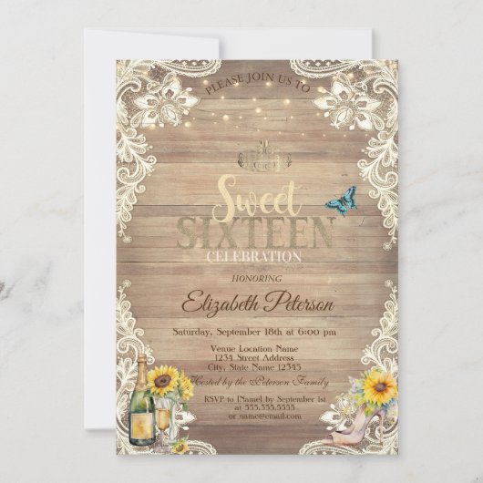 レースサンフラワーズハイヒールウッドスウィート16パーティー 招待状 (正面)