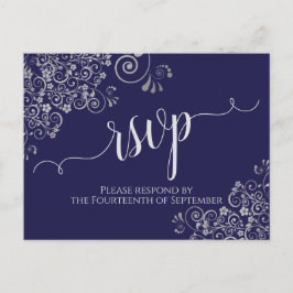 レースシルバーカリグラフィーネイビーブルー結婚式RSVP ポストカード