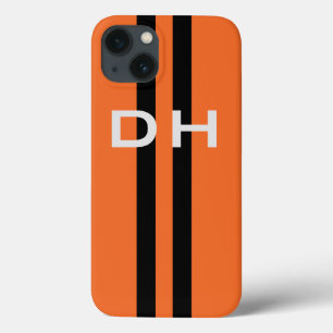 レースストライプイニシャルCasでオレンジ色に黒 iPhone 13ケース
