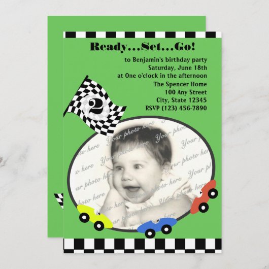 レースタイム誕生日グリーン 招待状 (正面/裏面)